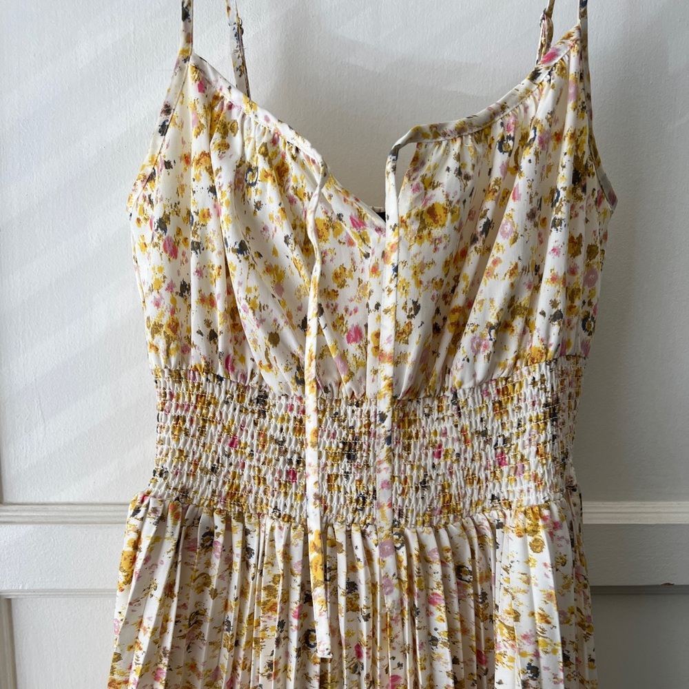 J. Crew yellow white ditzy floral pleated a line midi sun dress pockets 00 EUC - Picture 5 of 14